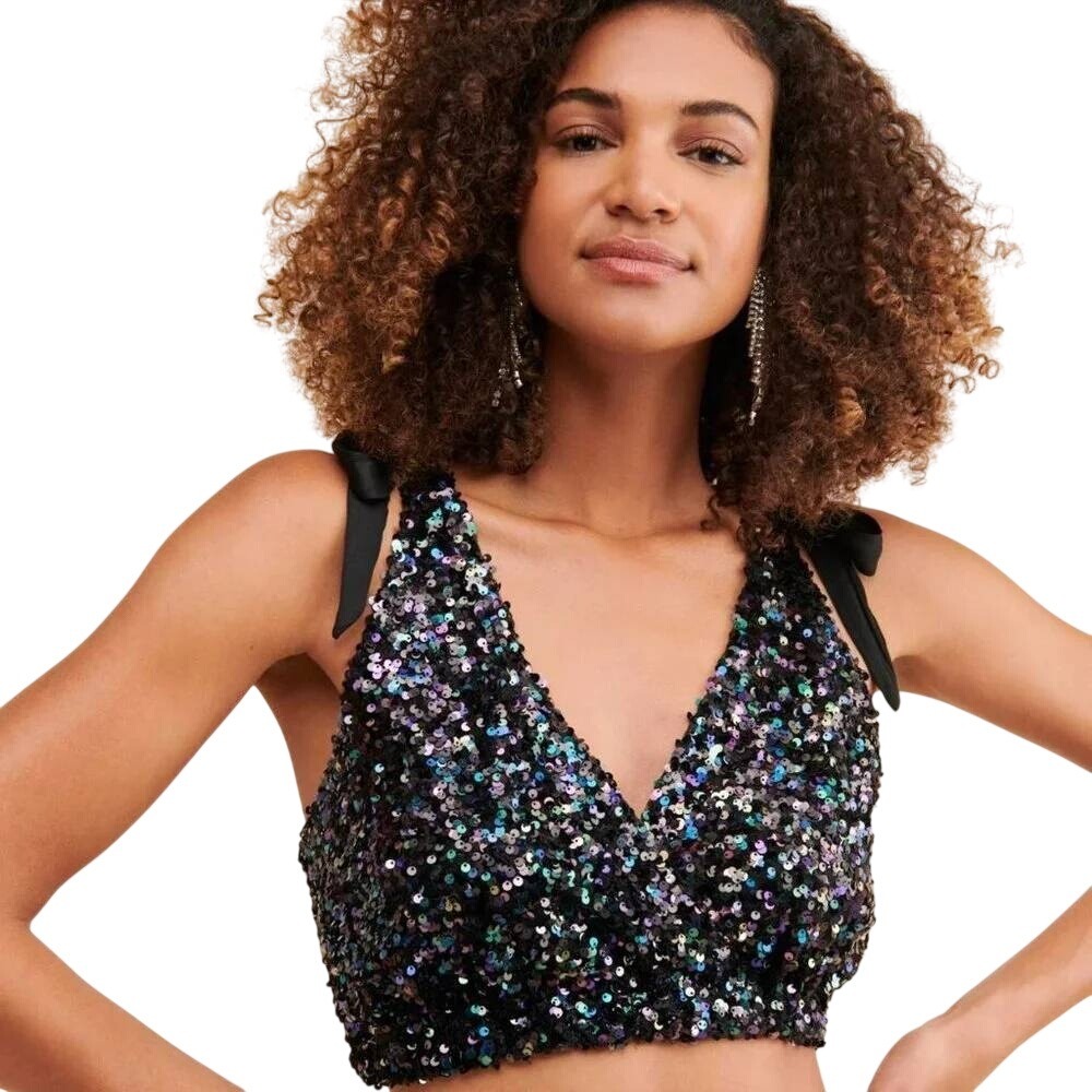 Free People Big Night Sequin Crop Top Black M